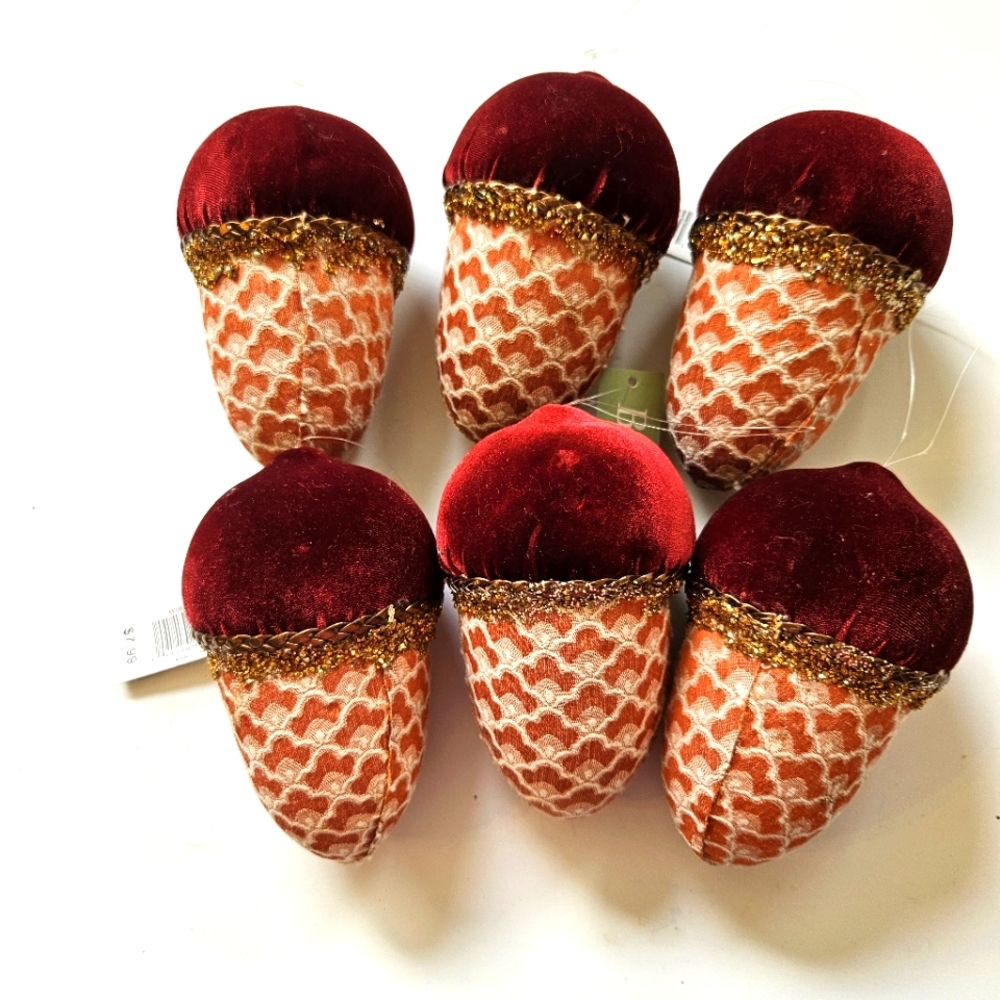 Velvet Acorn Ornaments with Gold Trim, Set Of 5